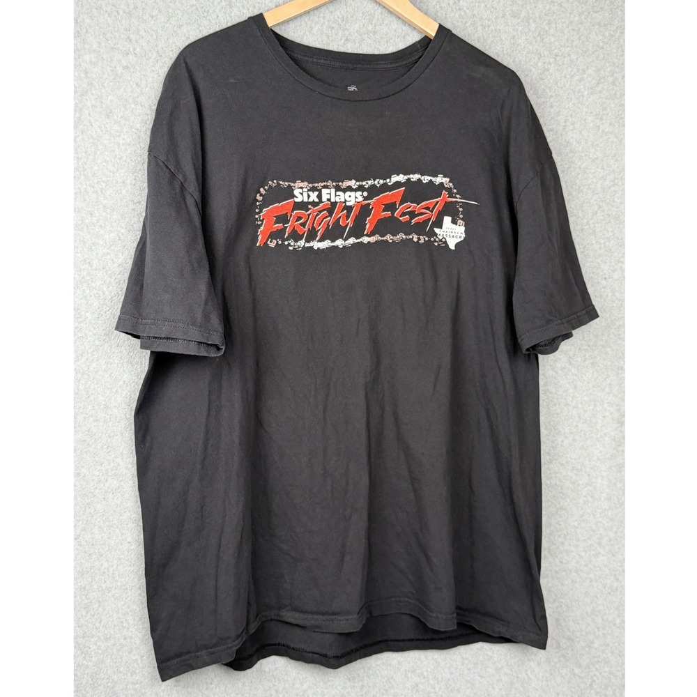 Six Flags T-Shirt Mens 2XL Black Fright Fest Texas Chainsaw Massacre Graphic Tee